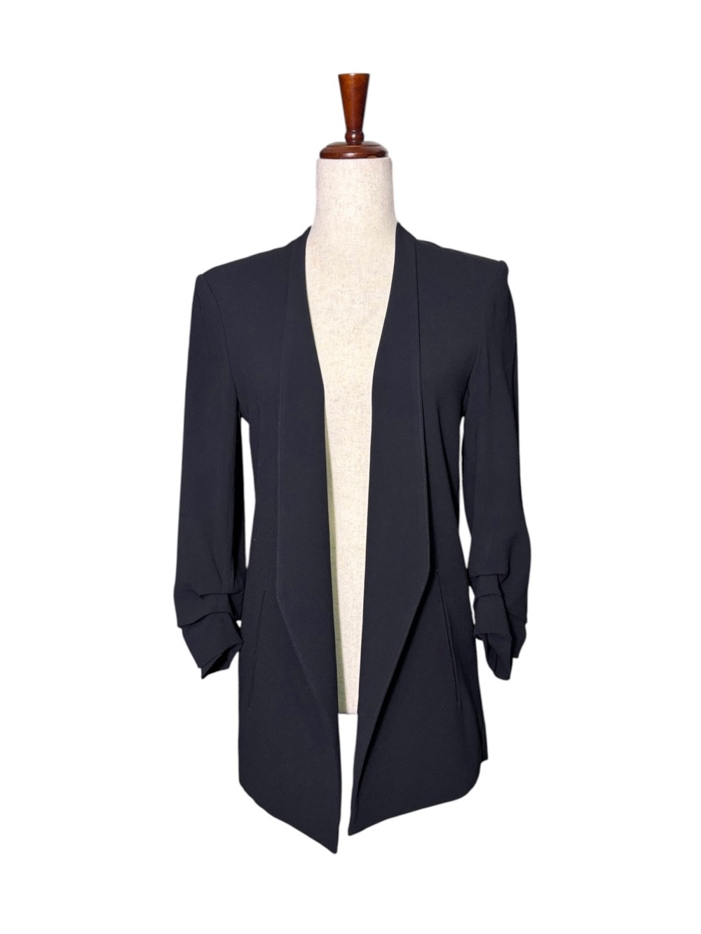 Babaton Aritzia Black Long Open Front Blazer Ruched Sleeve Size 4
